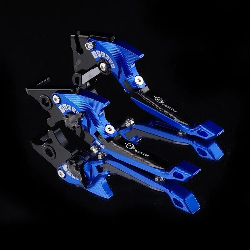 Pair of anodised metal motorcycle brake and clutch levers with adjustable length mechanism