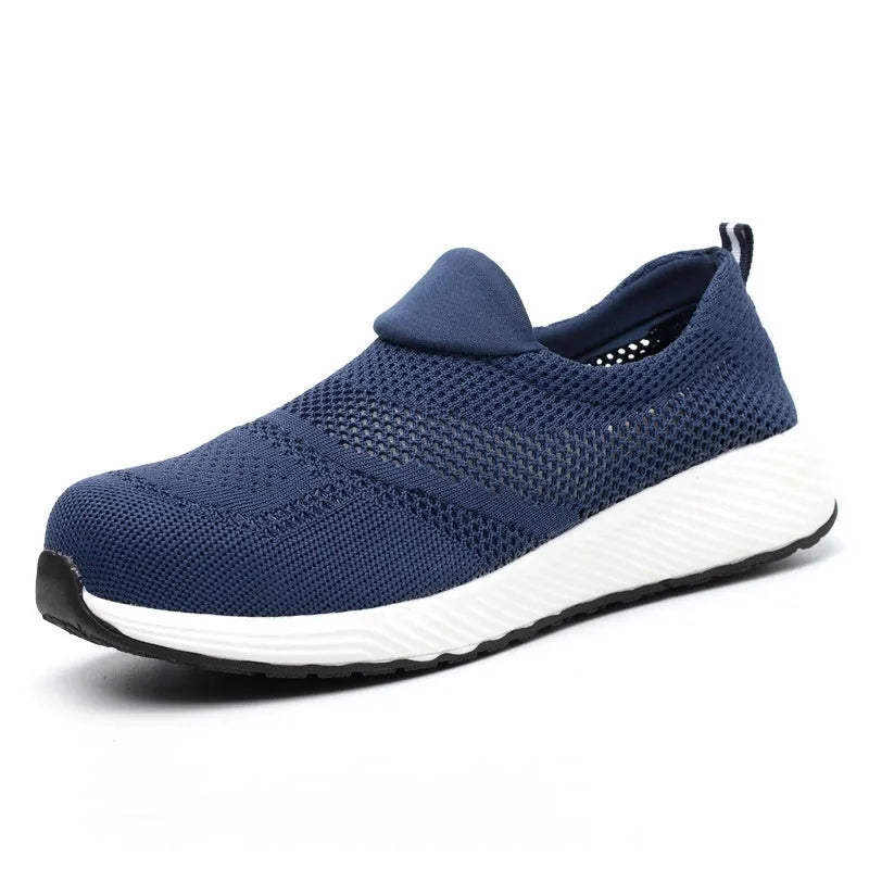 Men's low-top steel toe work shoes in black mesh with protective toe cap.