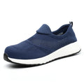 Men's low-top steel toe work shoes in black mesh with protective toe cap.