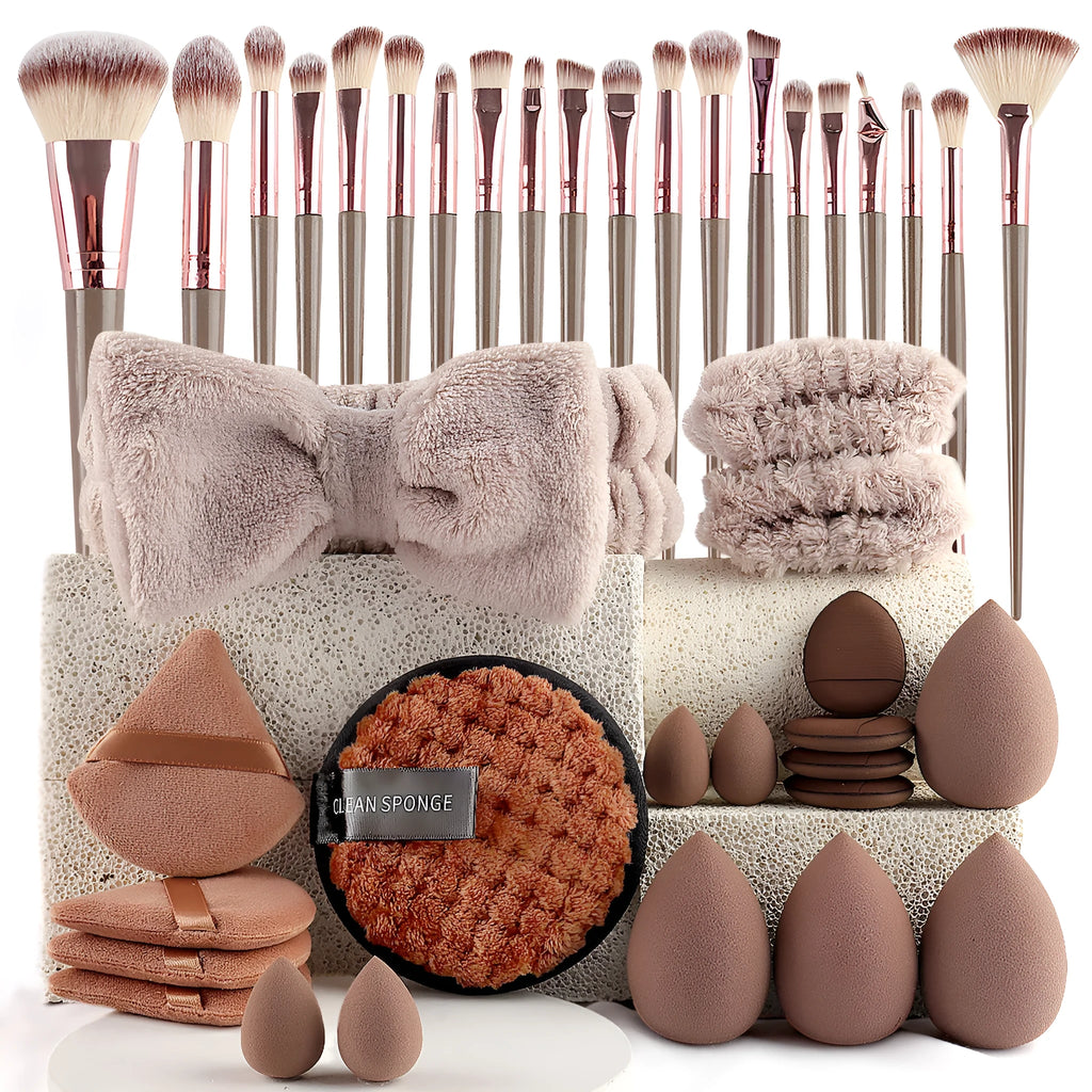 Hydrophilic non-latex beauty tools set with pink, brown and purple applicators for face and makeup