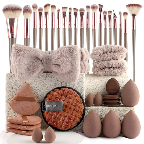Hydrophilic non-latex beauty tools set with pink, brown and purple applicators for face and makeup