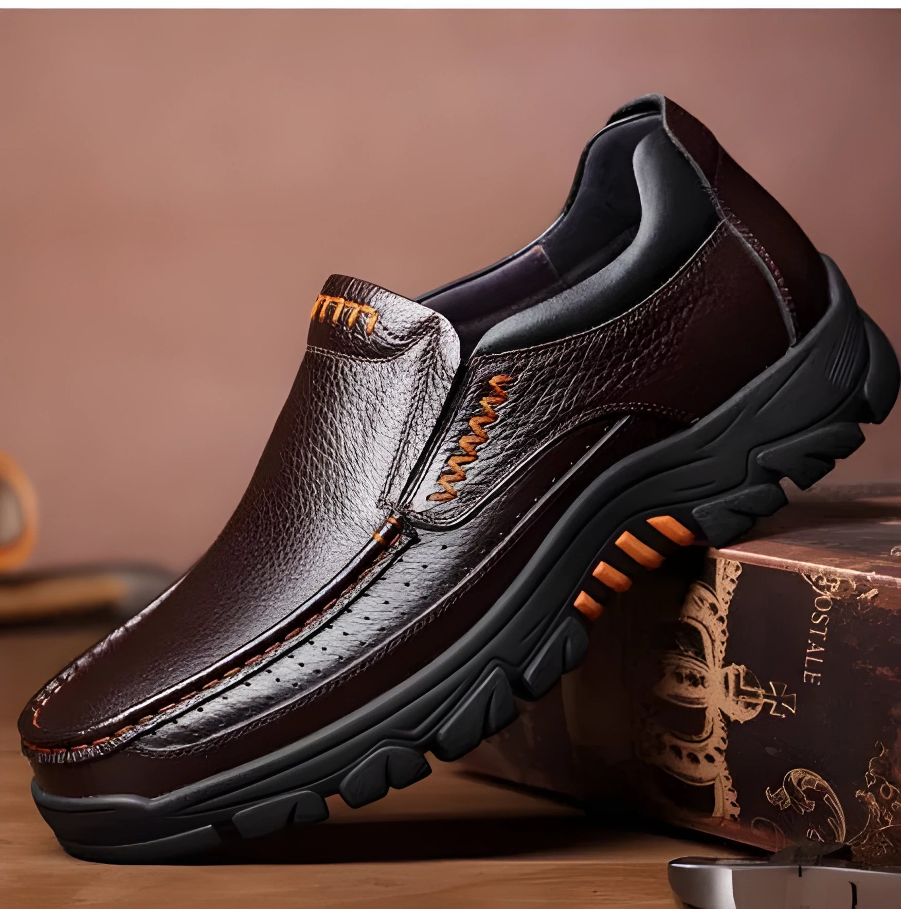 Men's black and brown leather business casual shoes with rubber soles.