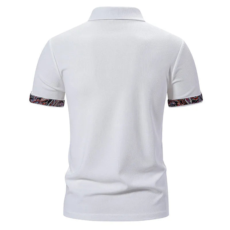 Men's short sleeve polo shirt in cotton blend fabric, showing turnover collar, available in white, black, and navy blue.