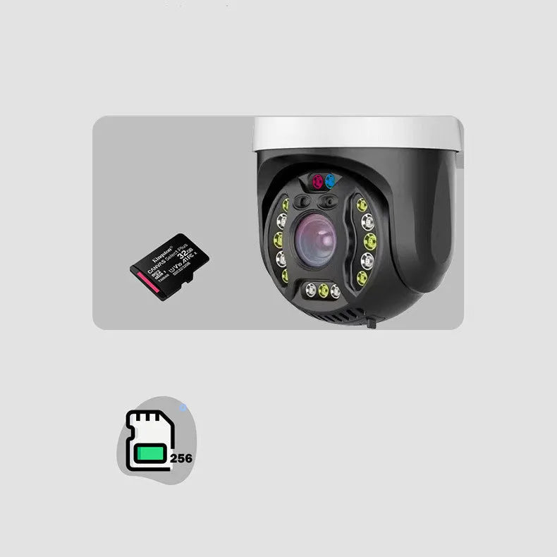 Outdoor dome surveillance camera with 360-degree rotation showing mobile control interface
