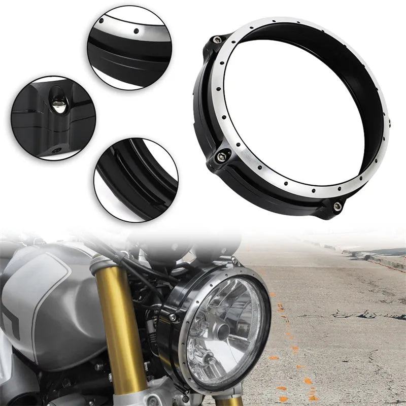 Black CNC aluminium headlight cover protective frame for BMW R NineT Scrambler motorcycle