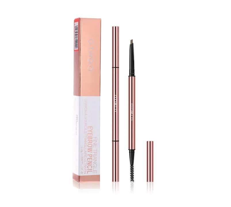 Eyebrow pencil in colour box showing six shade options: Auburn, Blonde, Caramel, Dark Brown, Soft Brown, and Taupe.