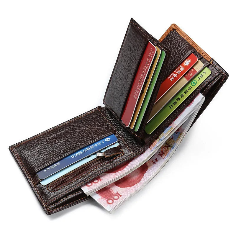 Leather wallet with personality stitching showing internal compartments including card slots, bill holder, and change section