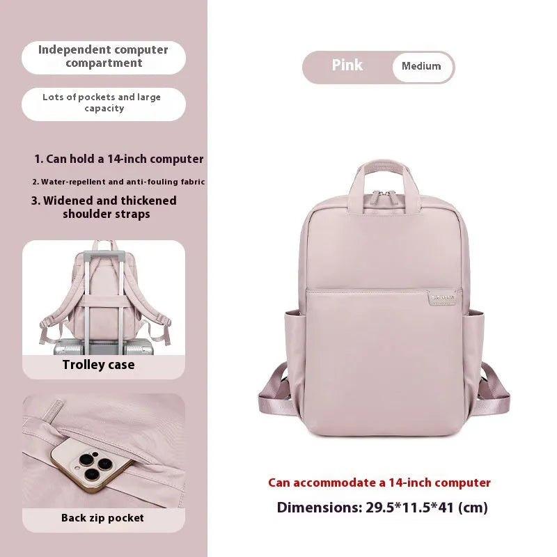 Nylon women's travel backpack in apricot colour showing front pockets and laptop compartment.