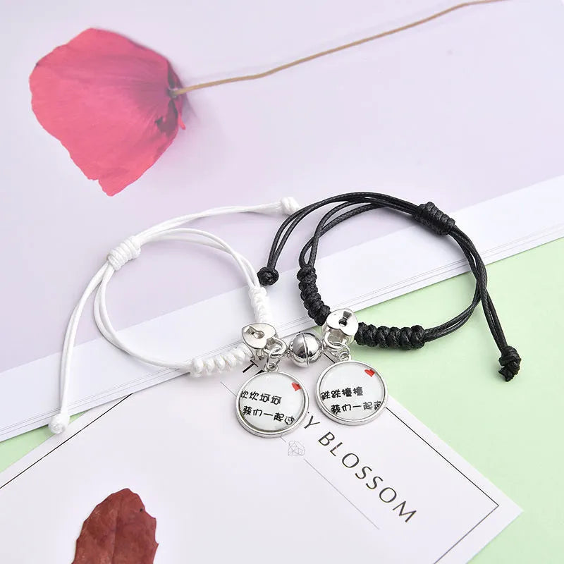 Magnetic couple bracelets with crown design and electroplating finish