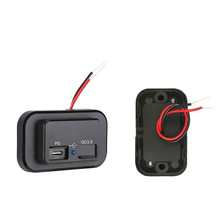 Black QC3.0 and PD3.0 modified car charger with TYPE-C port for 36W fast charging in vehicles.
