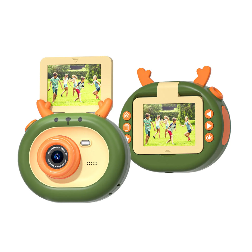 Purple children's digital camera with flip screen and silicone lanyard