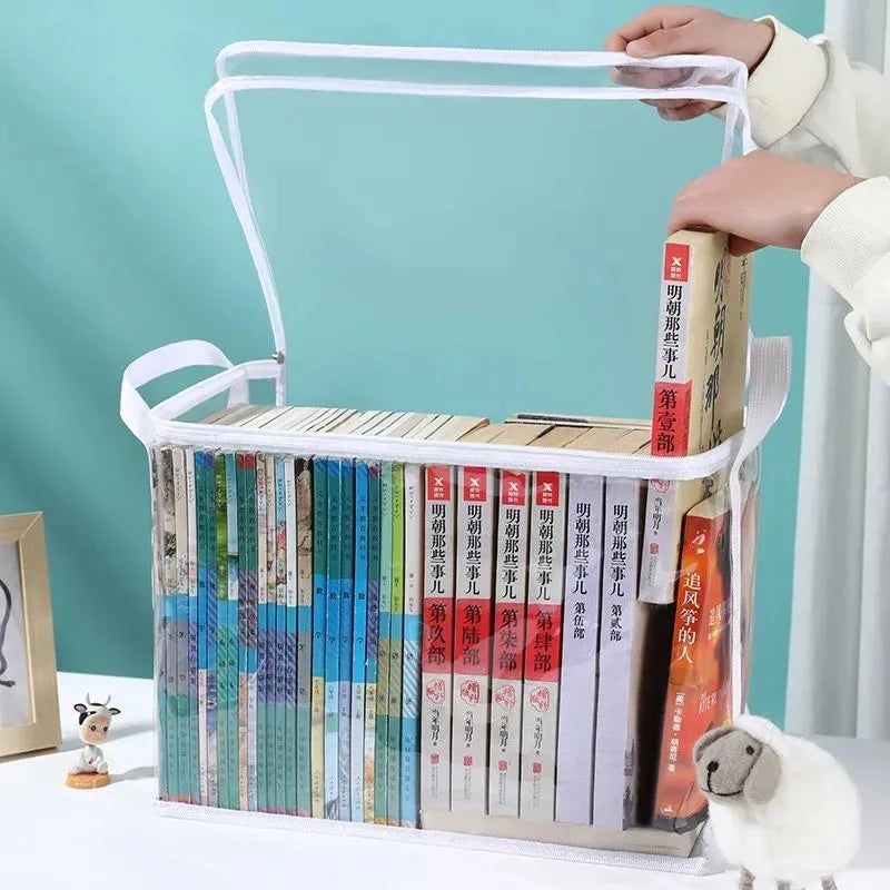 Large white foldable PVC storage bag with sealed top next to magazines.