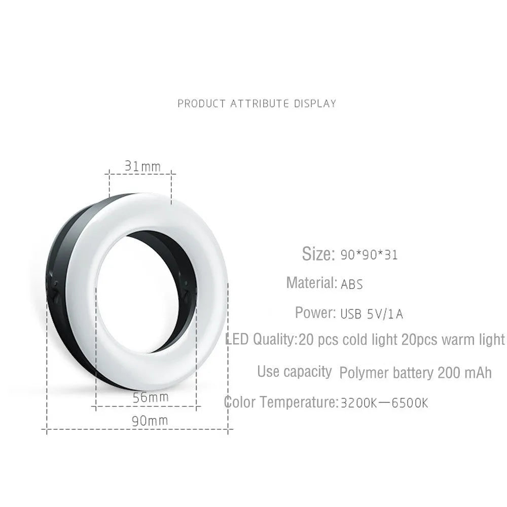 Compact black selfie ring light with USB cable for mobile phone photography and video lighting