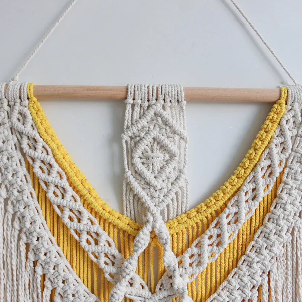 Nordic style hand-woven cotton tapestry wall hanging with creamy white and yellow threads