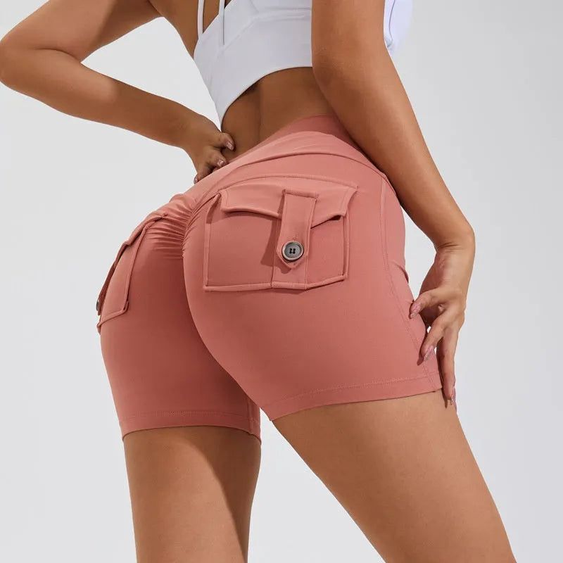 Women's high-waisted fitness shorts with pockets in various solid colours