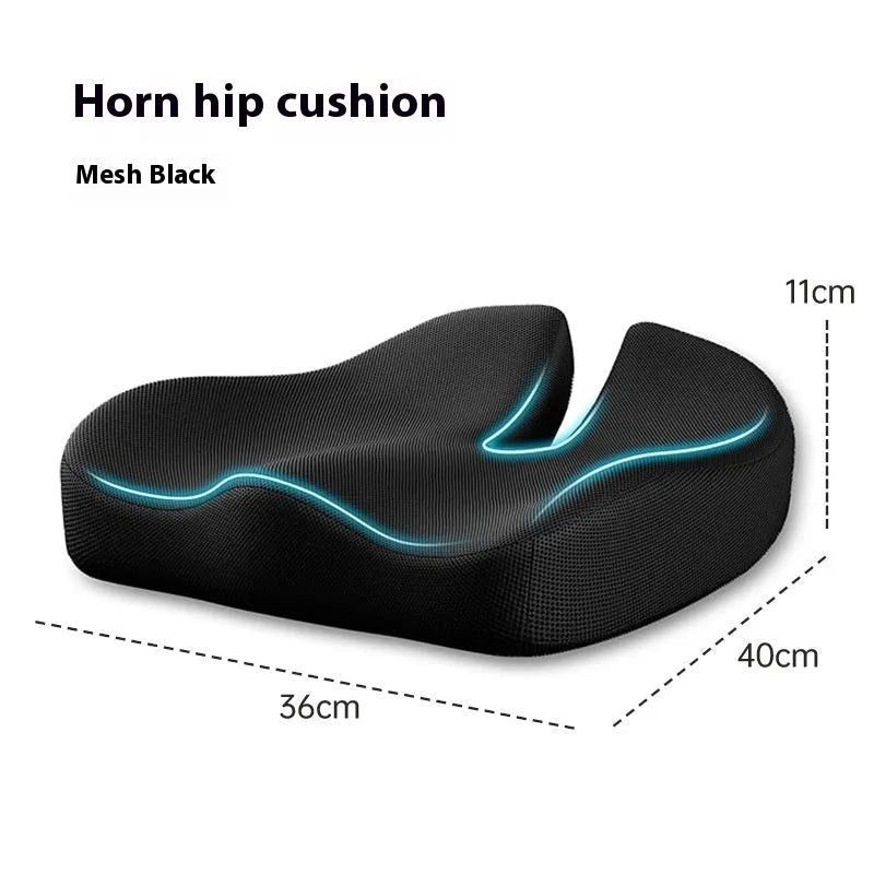 Black memory foam office chair cushion with dimensions 36x40cm on a grey desk chair