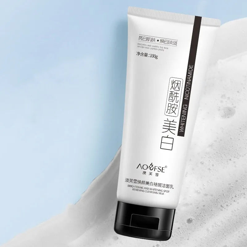 White bottle of 100ml whitening and freckle removing facial cleanser for unisex use.