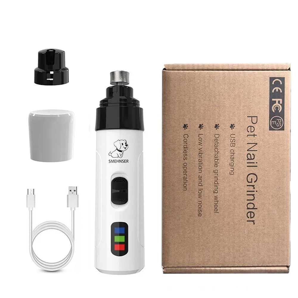 Electric dog nail grinder with LCD screen, LED lights, and a dust collection cup attached.