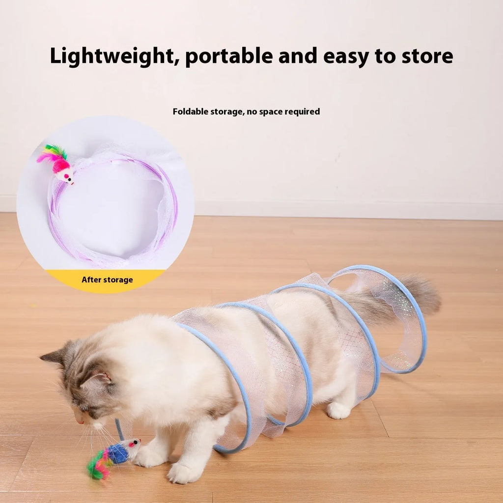 S-shaped foldable cat tunnel toy with feather attachments on elastic netting