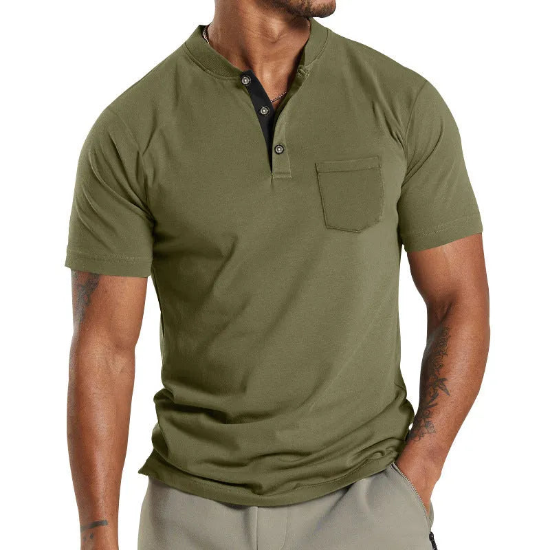 A man wearing a solid-colour plus size short sleeve button-up shirt with a chest pocket.