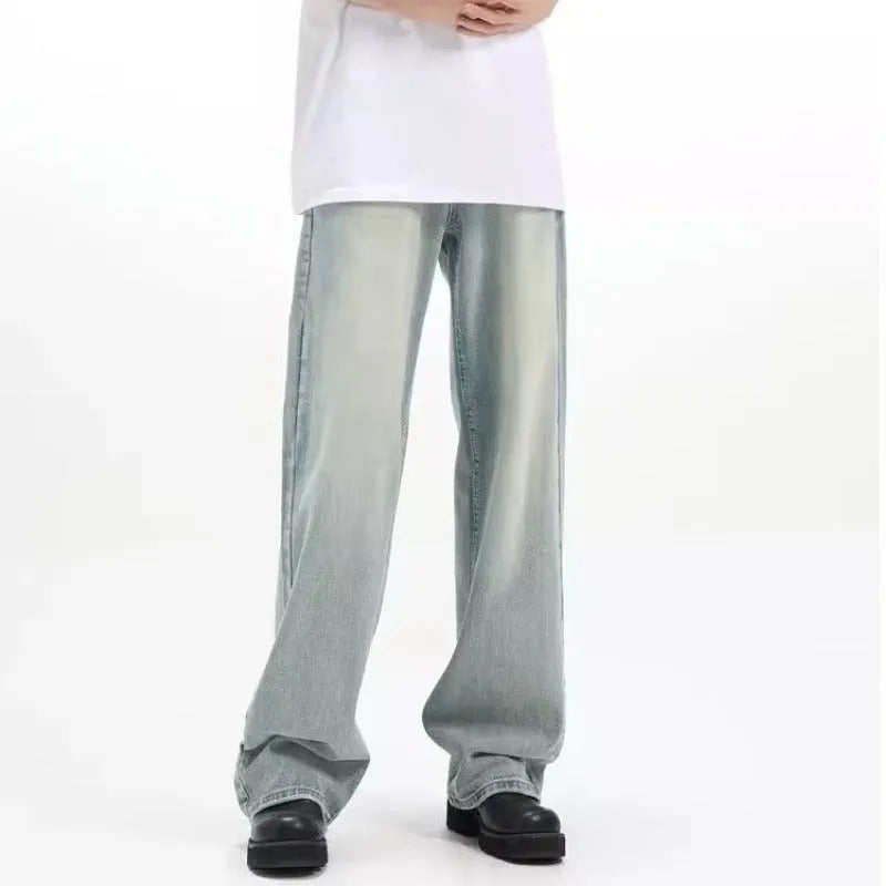 Blue loose-fit retro trousers made from rabbit fur fabric on a mannequin.