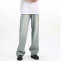 Blue loose-fit retro trousers made from rabbit fur fabric on a mannequin.