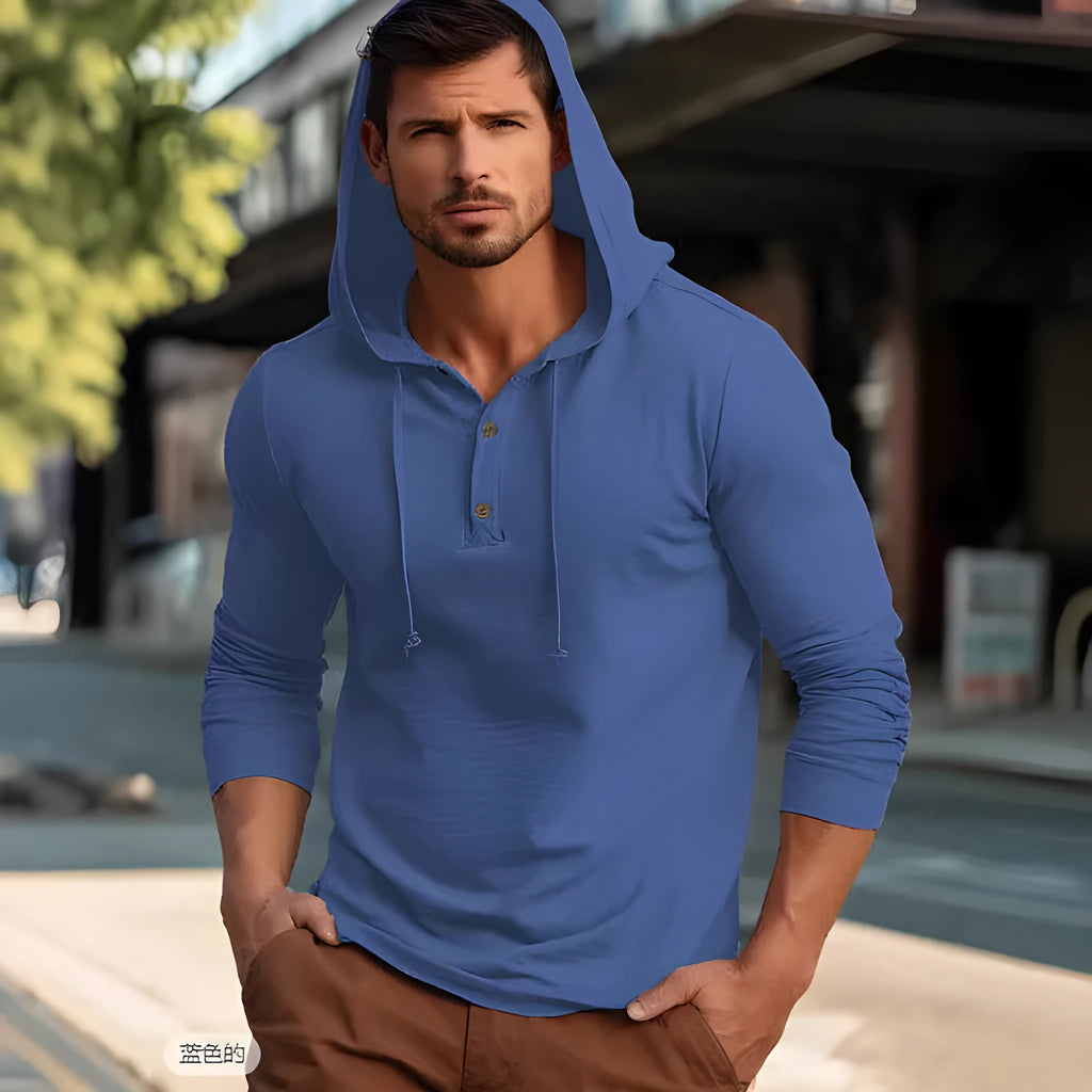 Men's dark blue cotton pullover hoodie with long sleeves on a mannequin