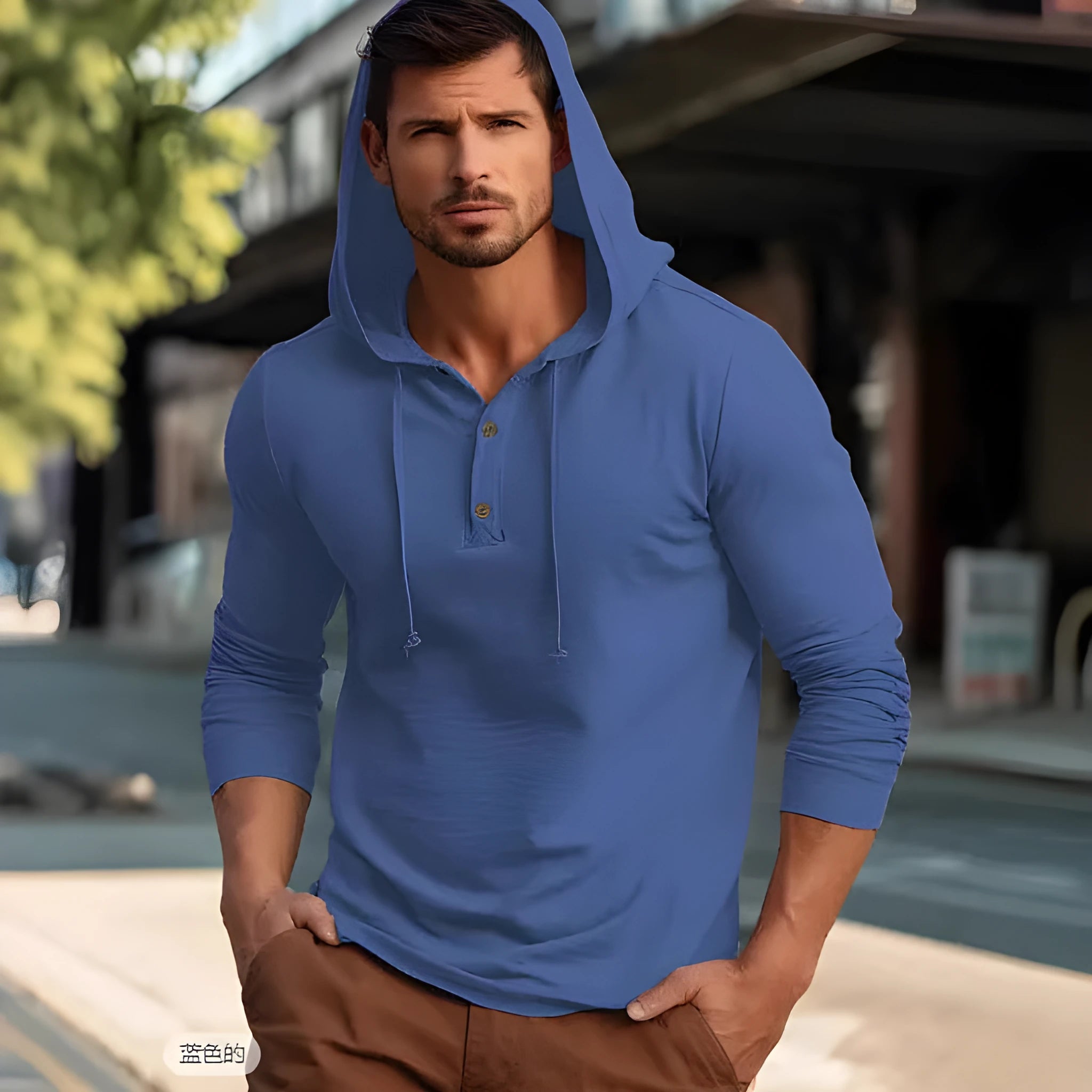Men's dark blue cotton pullover hoodie with long sleeves on a mannequin