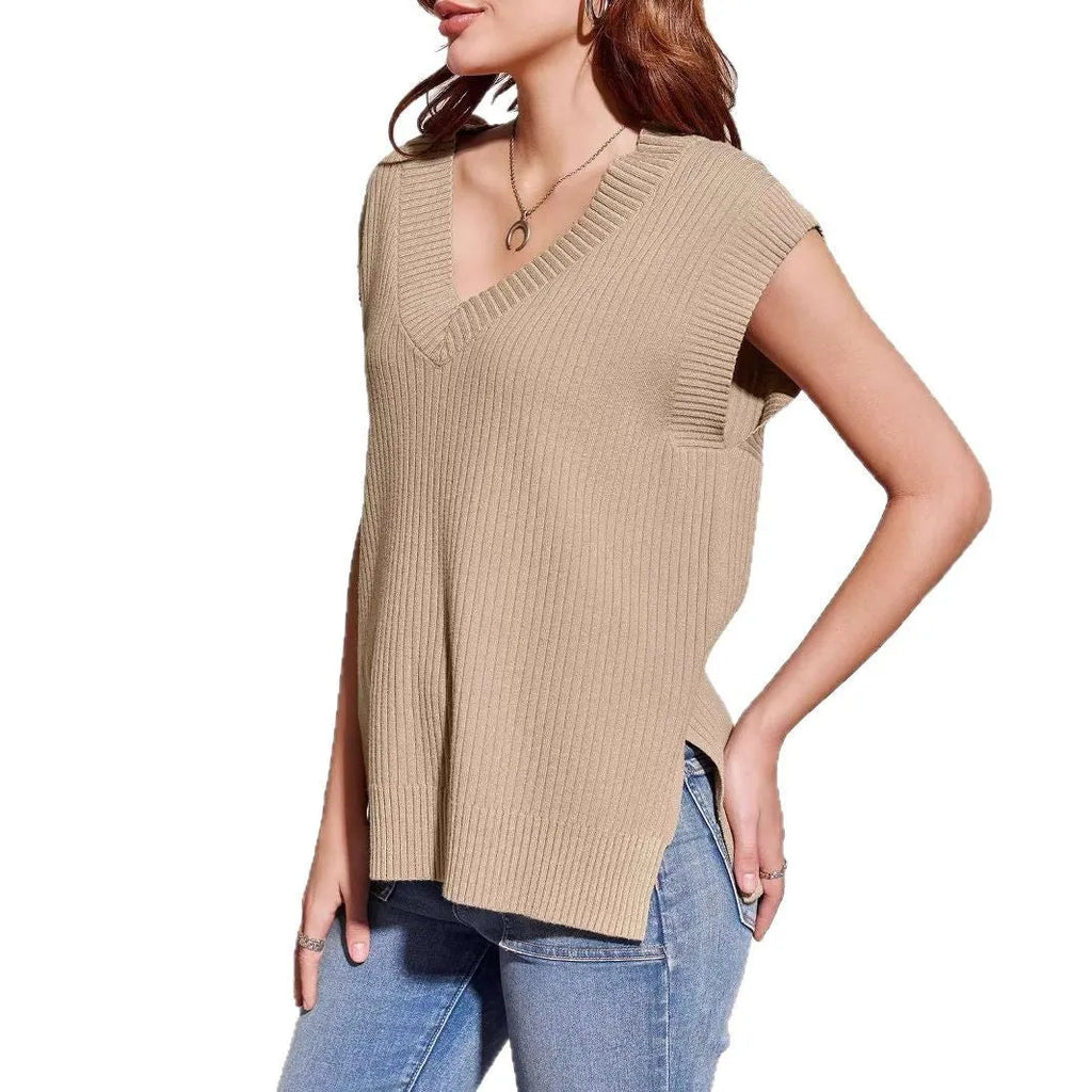 V-neck sleeveless pullover vest in camel viscose fibre with loose fit and fold detailing