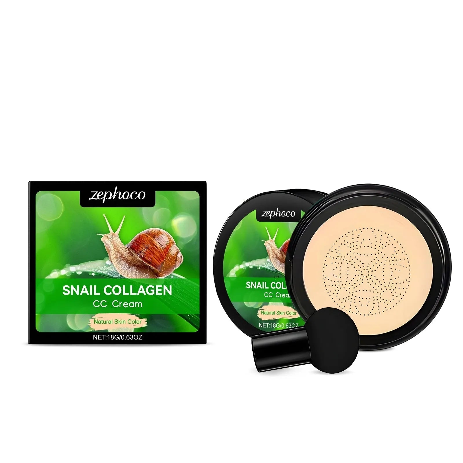 Moisturising CC cream with mushroom powder puff in ivory white and natural colour options