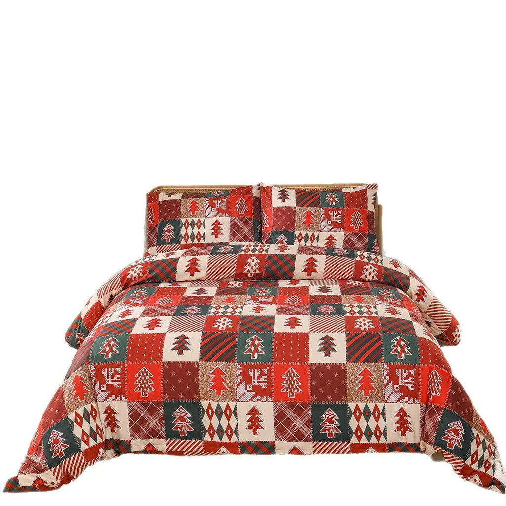 Christmas red and black plaid patterned quilt cover and pillowcases on a bed