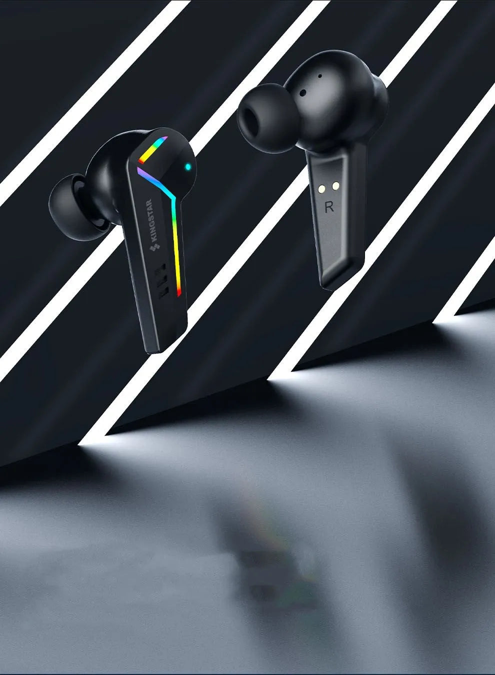 Black TWS Bluetooth sports headset with low latency gaming and NFC connectivity features.