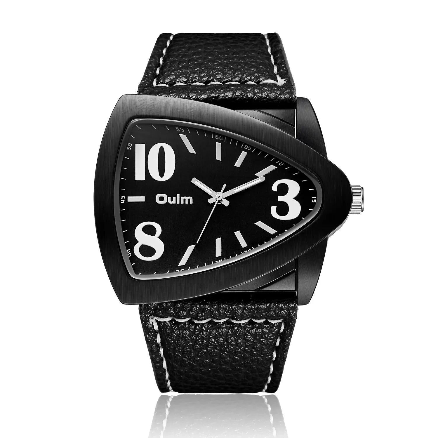 Men's casual triangle belt quartz watch in brown, black, or blue colour with 9mm thick case.