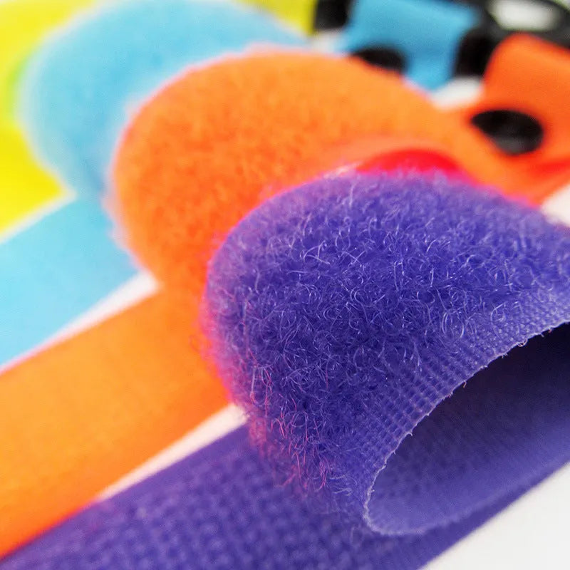 Nylon luggage velcro hook shown in multiple colour options including red, blue, green, and yellow variants