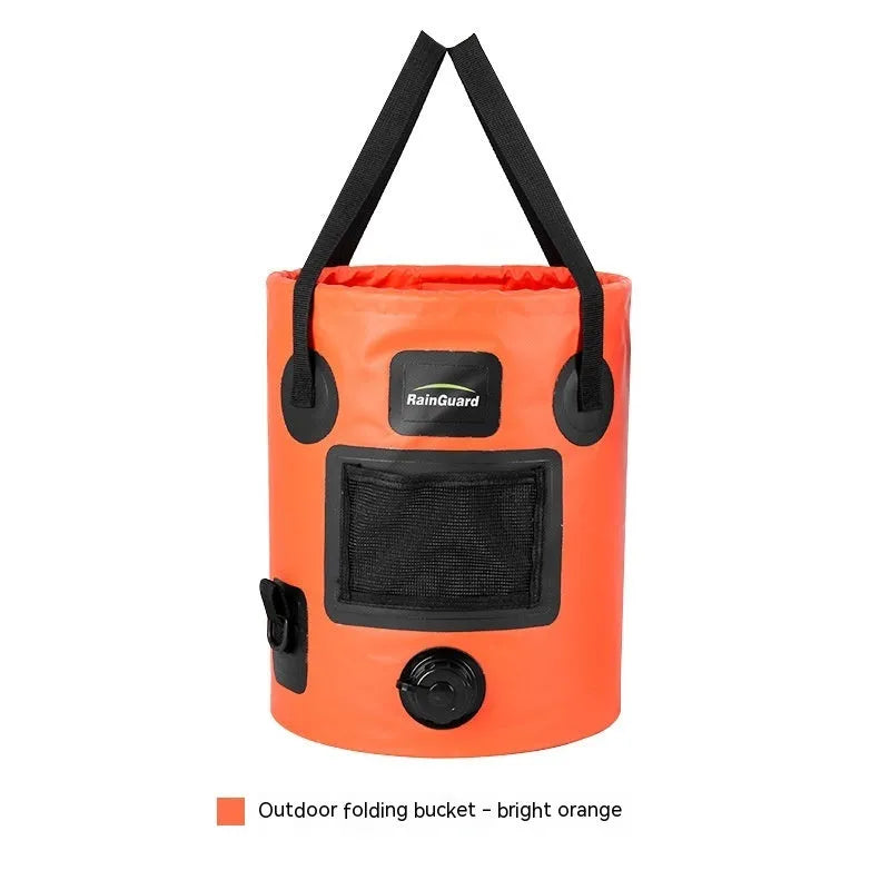 Yellow folding plastic fishing bucket shown open and collapsed, 25 litre capacity.