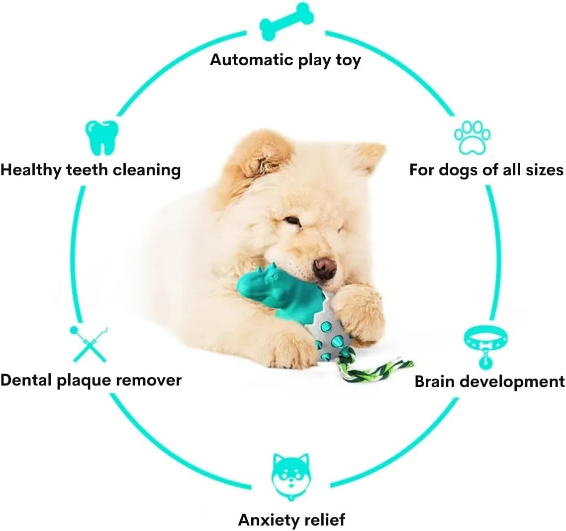 Durable rubber dog chew toy with rope attachment and dinosaur design for aggressive chewers