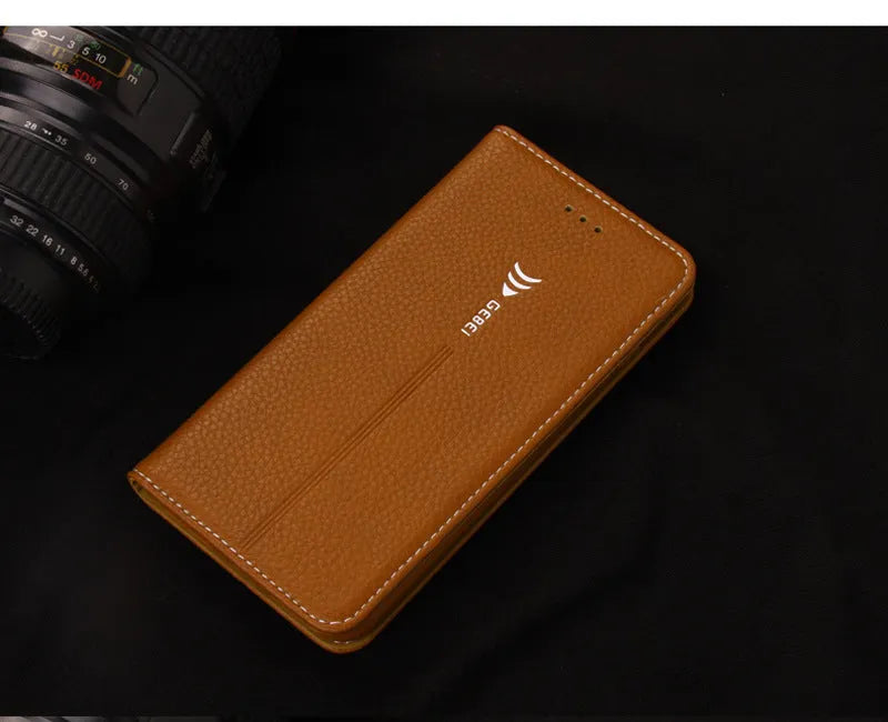 Black PU leather wallet case for iPhone showing card slots