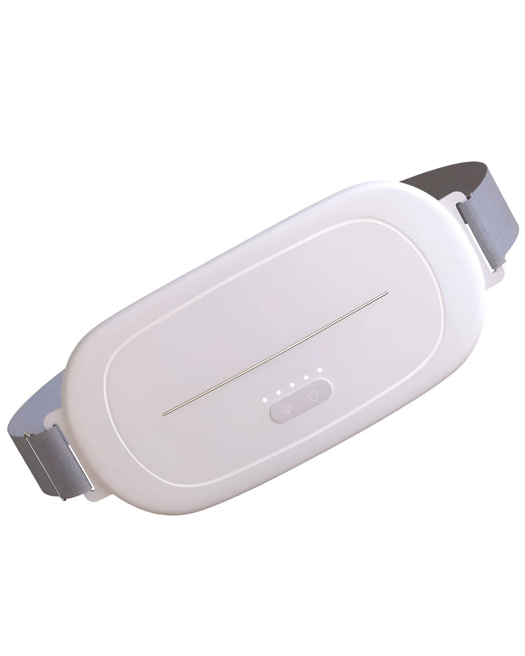 White postpartum uterine warming device with fabric belt and portable heat therapy unit.