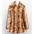 Women's slim-fit faux fur jacket with a bold tiger pattern, long sleeves, and a medium-length cut.