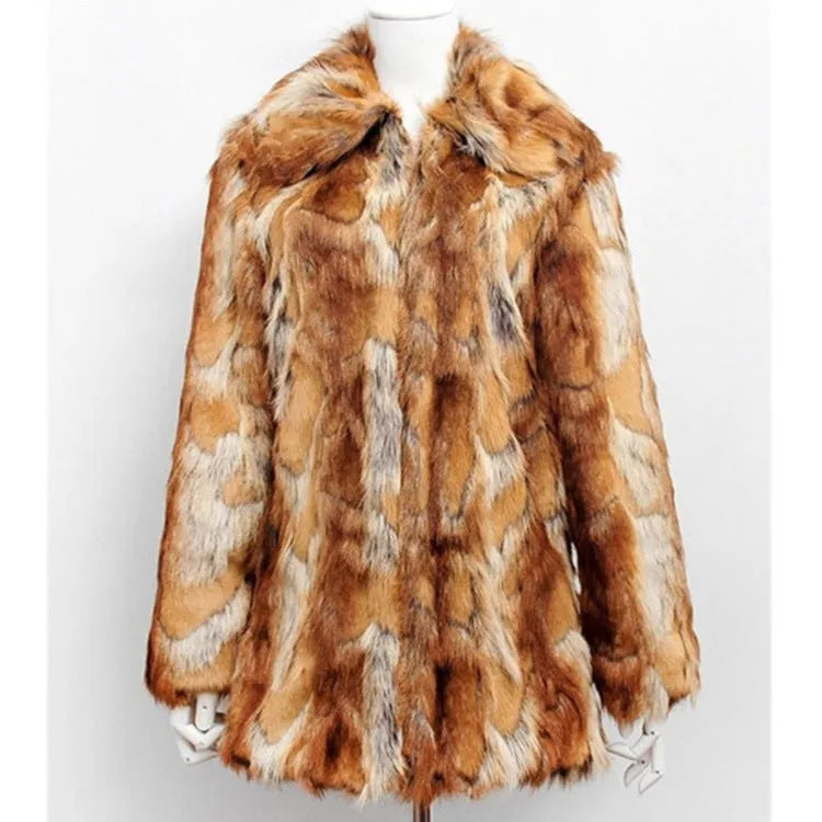 Women's slim-fit faux fur jacket with a bold tiger pattern, long sleeves, and a medium-length cut.