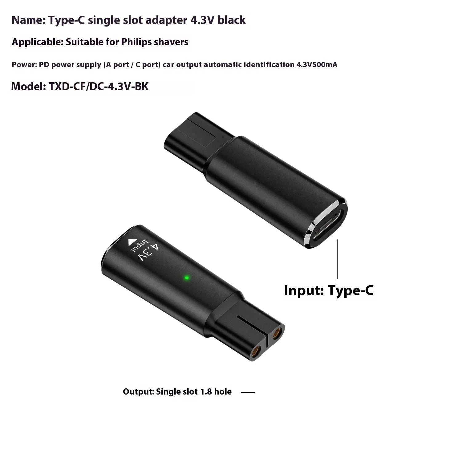 Black and gray aluminium alloy USB C charging adapter for 4.3V electric shavers and hair clippers.
