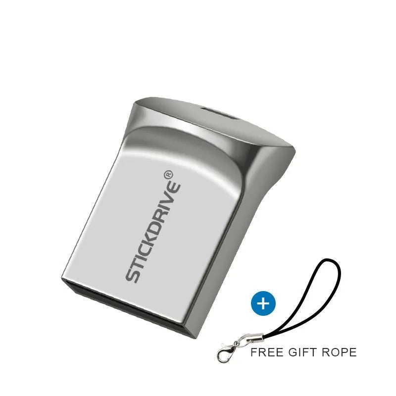 Metal USB flash drive with attached necklace chain in silver finish