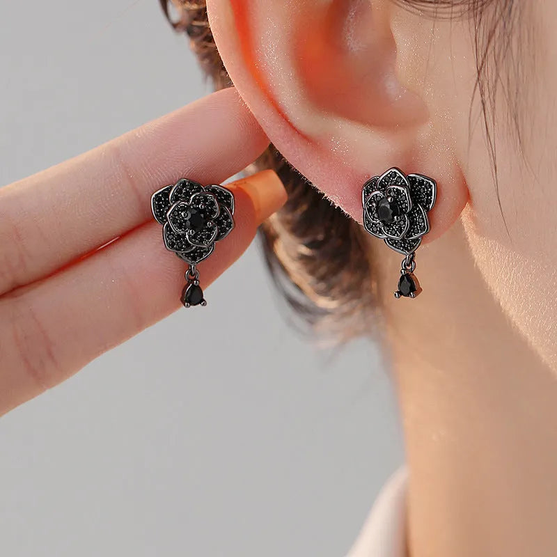 Black rose floral stud earrings with zircon accents on 18K electroplated copper