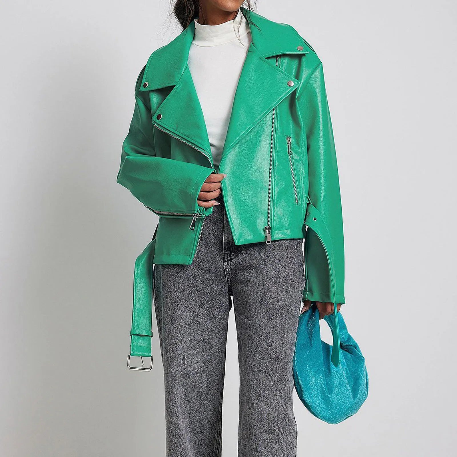 Women's punk short belt lapel jacket in polyester leather with drawstring waist and Peter Pan collar