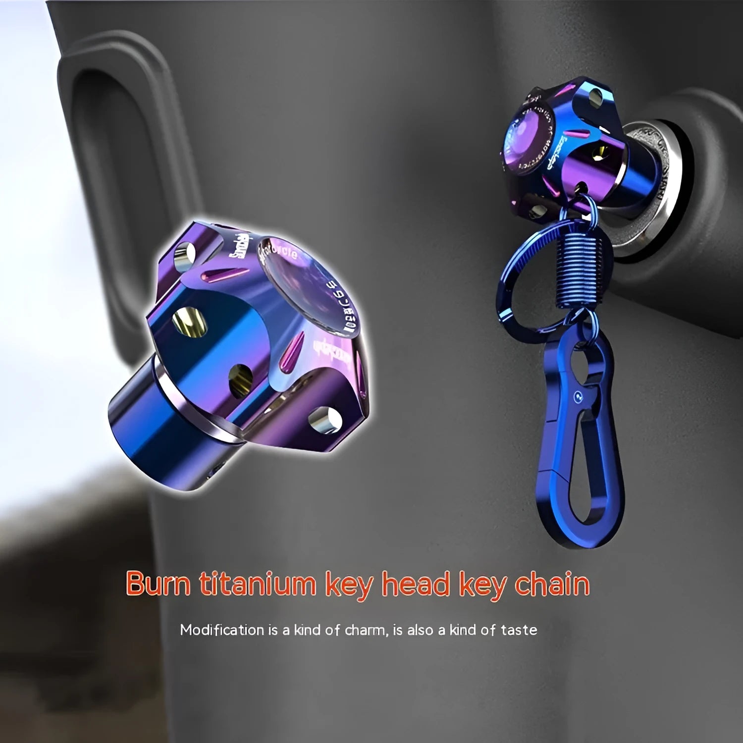 Motorcycle key modification accessories showing hexagonal, pentagram and plum blossom designs in blue and white