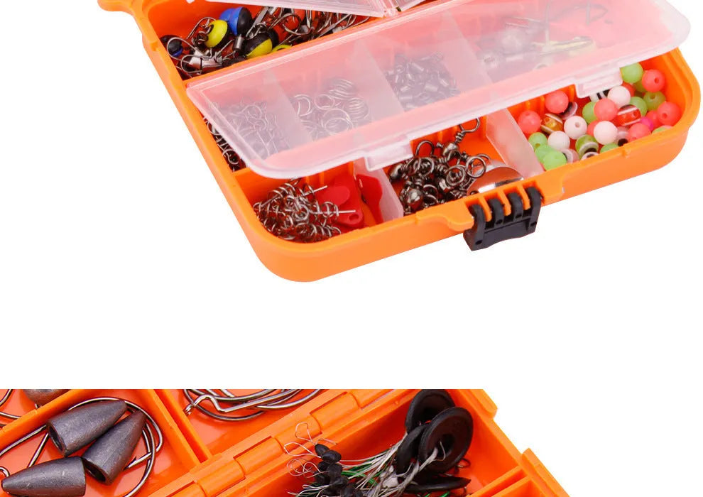 Weihe 257-piece fishing lure accessory set in orange box with organised compartments for Texas rig, sea and rock fishing