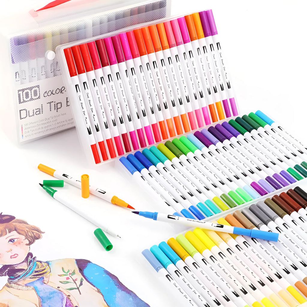 Set of watercolour pens in various colours arranged in a case, showing plastic barrels and fine tips.