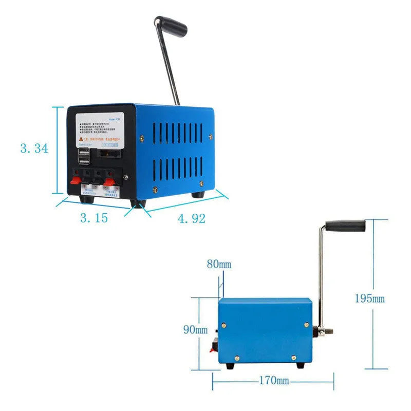 Blue metal hand crank emergency generator with USB output ports measuring 125mm long