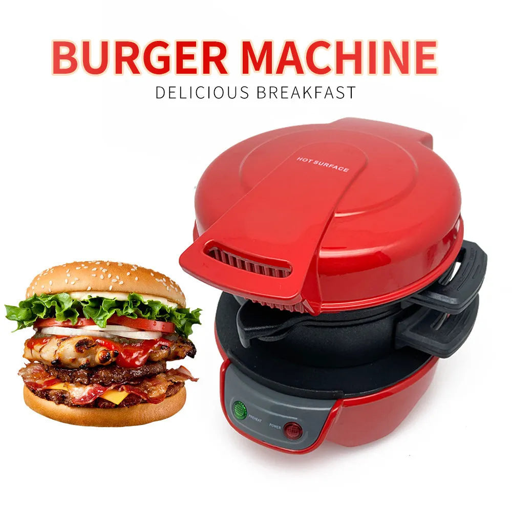 Silver grey household breakfast machine sandwich toaster with waffle plates and egg cooker ring on a kitchen counter.