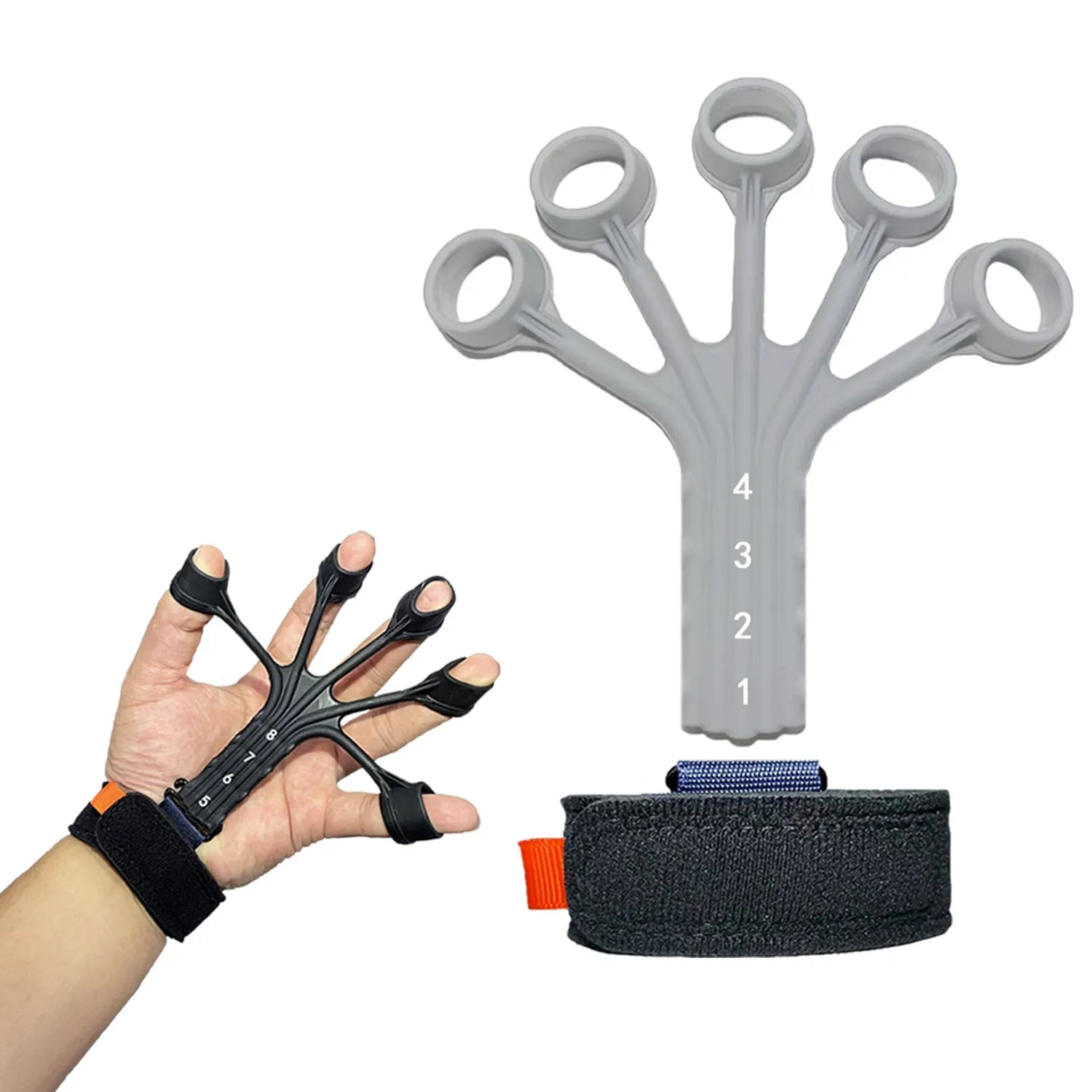 Black or grey silicone finger flexion and extension trainer with adjusting belt for adult hand rehabilitation